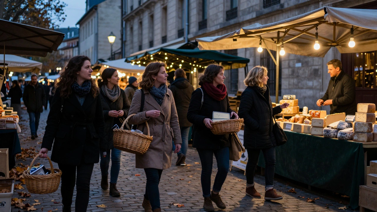 Women browsing a Lyon market at dusk, engaging with a vendor amidst warm string lights.